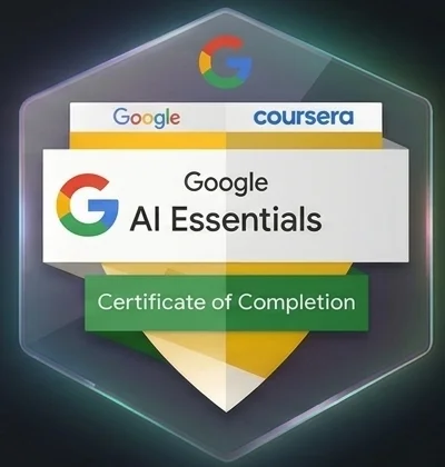 Insignia del Google AI Essentials, Certificate of Completion (Google y Coursera)