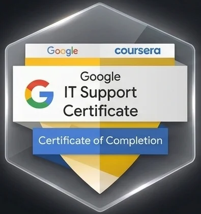 Insignia del Google IT Support Certificate, Certificate of Completion (Google y Coursera)