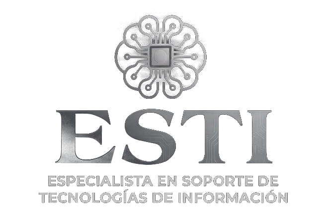 Logotipo de ESTI: un cerebro de circuitos sobre la palabra ESTI, Especialista en Soporte de Tecnologías de Información
